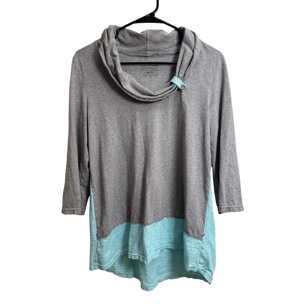 Neon Buddha Womens Grey Aqua Colorblock Cowl Neck 3/4 Sleeve Top Size M